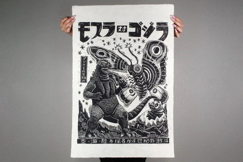Mothra vs Godzilla Linocut Poster